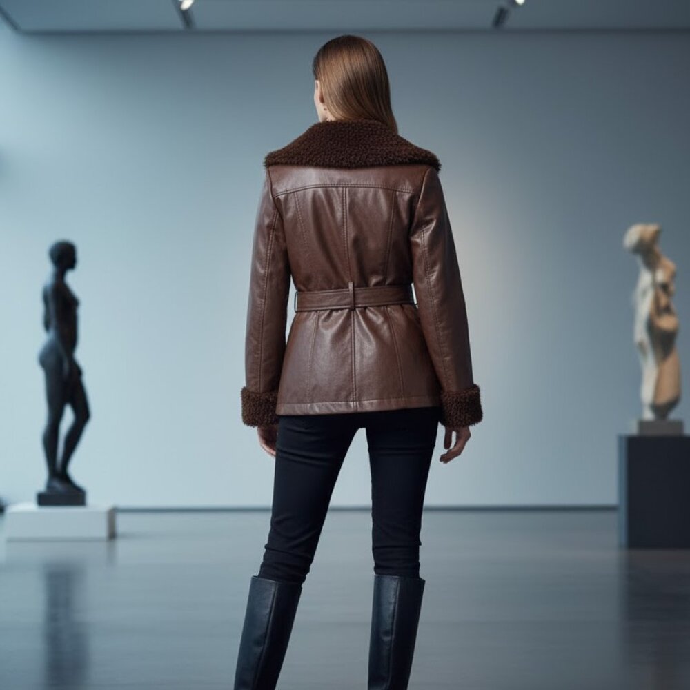 F21 Dark Chocolate Brown Faux Leather Fur Trimmed Belted Retro 90's 70s Jacket L - Picture 2 of 9